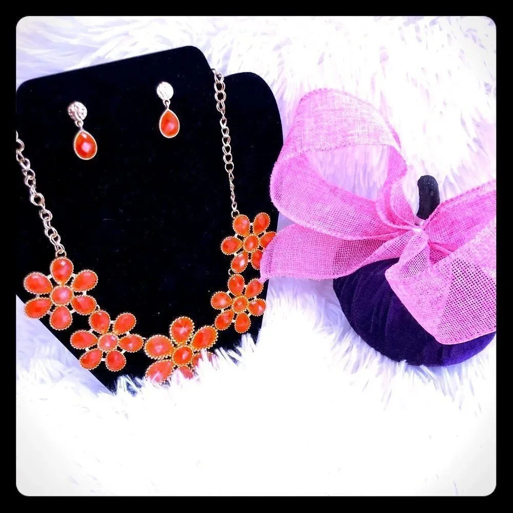 Orange Flowers Statement Beaded Necklace W/ dangled earrings